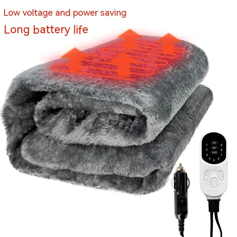 Grey 12V car electric blanket with cigarette lighter plug and 9-speed temperature controller, shown in single and double sizes.