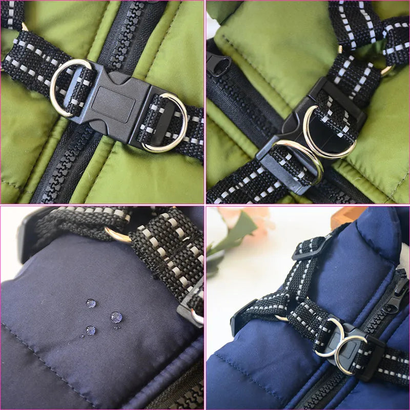 Waterproof dog coat with harness in red, navy blue, or army green, sizes XS to 4XL