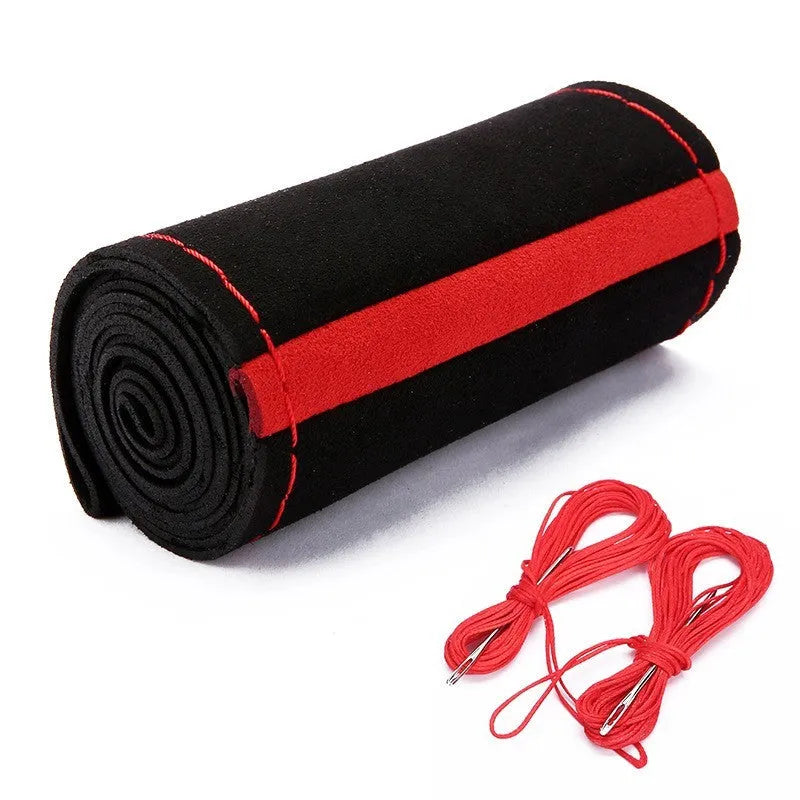 Black wool microfiber steering wheel cover with red accent line on 38cm diameter steering wheel