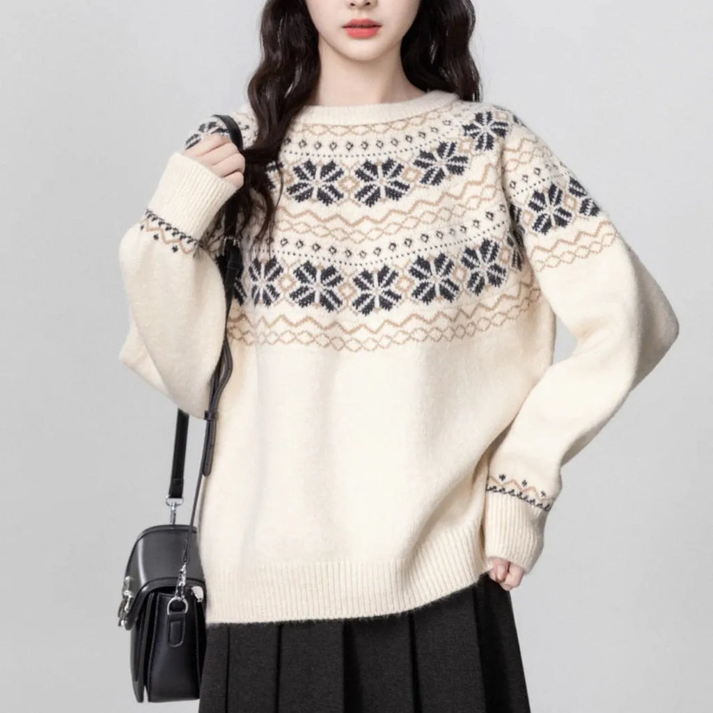 Women's milky white Fair Isle patterned pullover sweater with geometric design and crew neck.