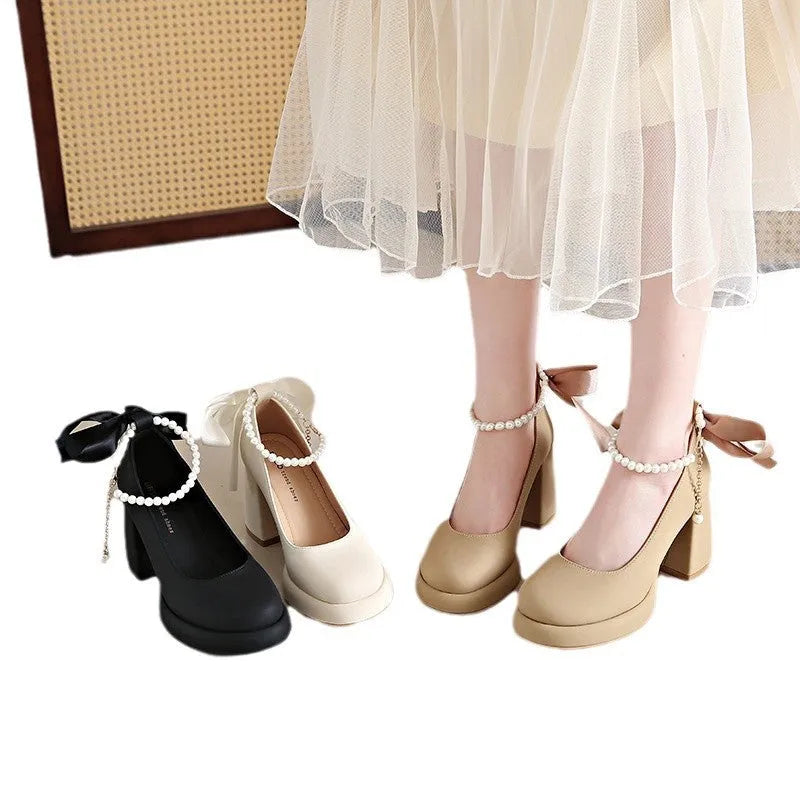 Women's Mary Jane shoes with chunky heel and ankle-strap buckle in beige, black, or milk tea colour