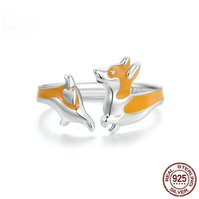 Silver electroplated corgi pet ring with cartoon design, model SCR1014E
