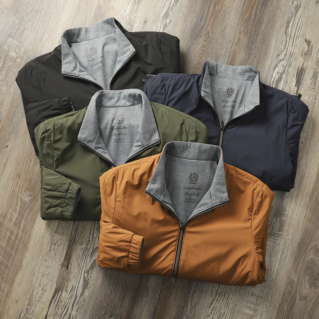 Men's simple stand collar jacket in Army Green, shown in a regular fit for business casual wear.