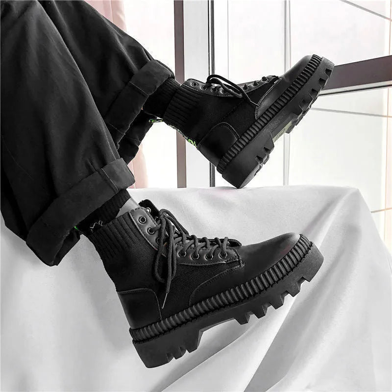 Black men's platform Dr Martens ankle boots with side zipper and 8-hole design