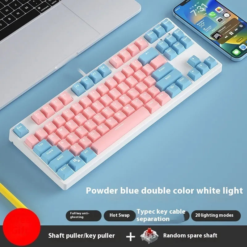 87-key wired mechanical gaming keyboard with multi-colour keycaps on a metal body.