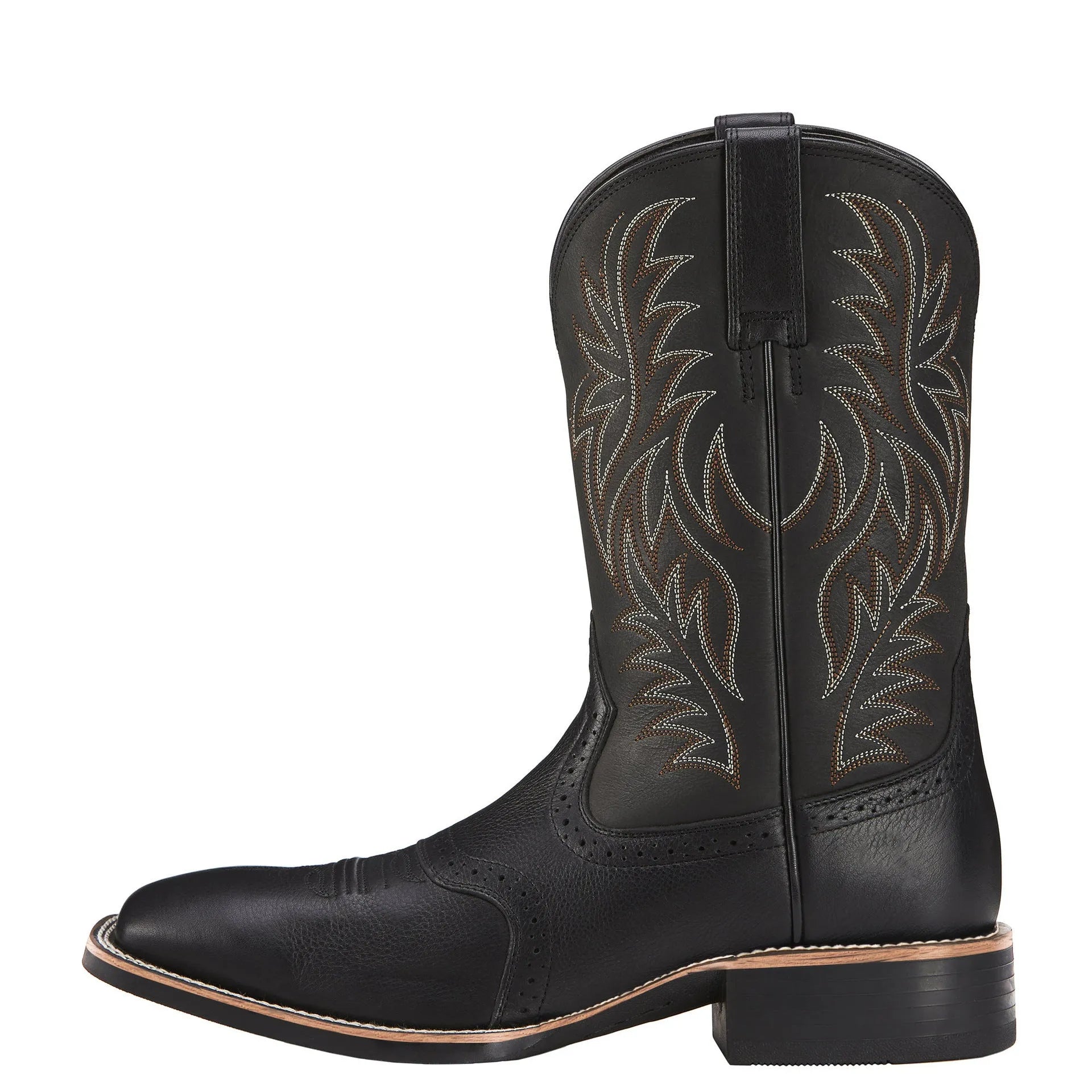 Men's black Western cowboy boots with decorative embroidery stitching, wide square toe, and a high shaft.