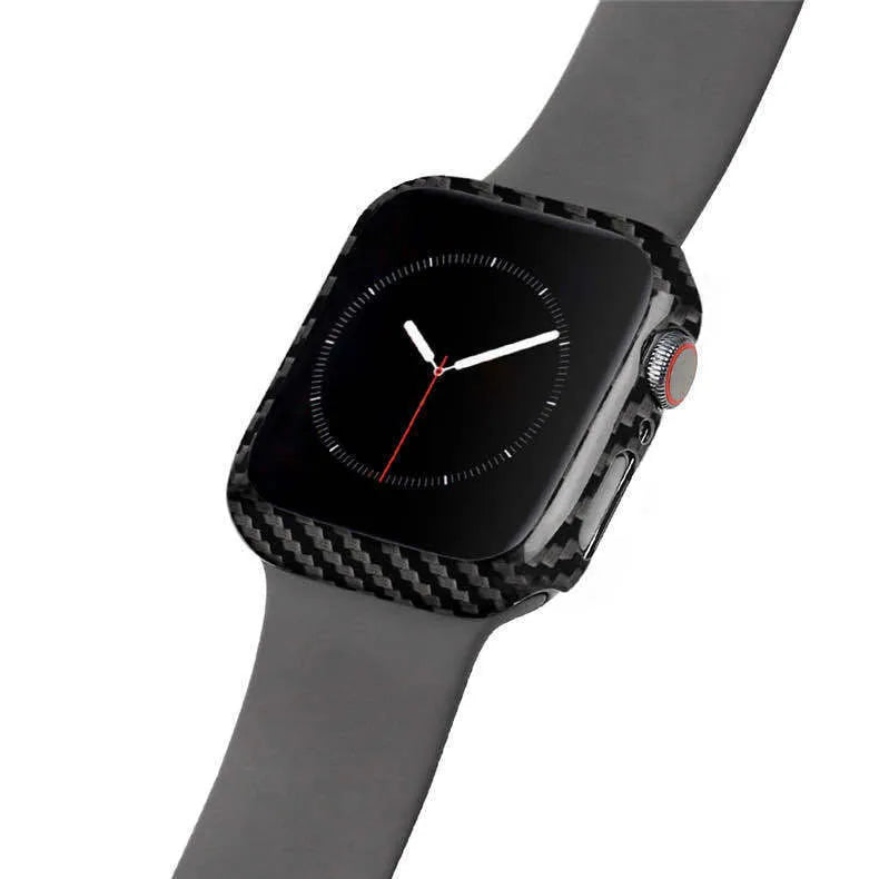 Apple Watch Series 4 carbon fibre half wrap leather case in bright black and matt black