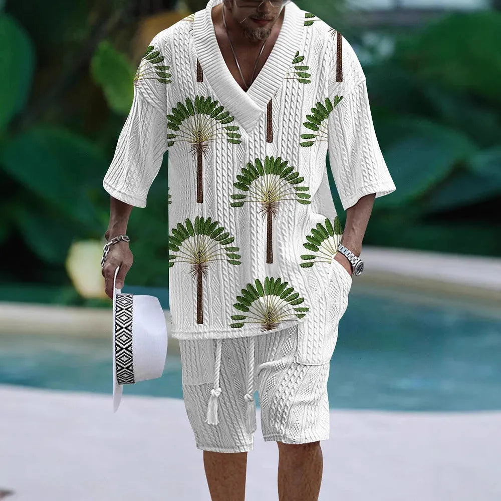 Men's loose casual short sleeve suit set in polyester fabric showing matching top and shorts