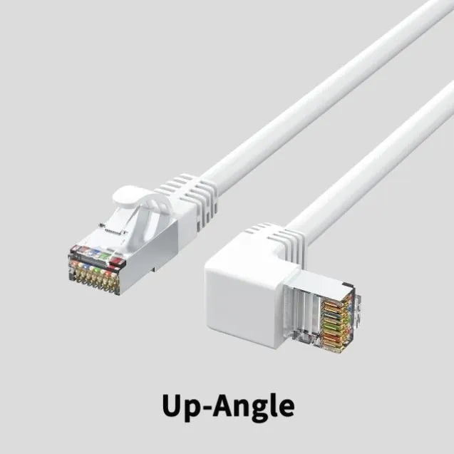 Cat6 Ethernet cable with right-angle metal RJ45 connector in black, shown alongside length and colour options.