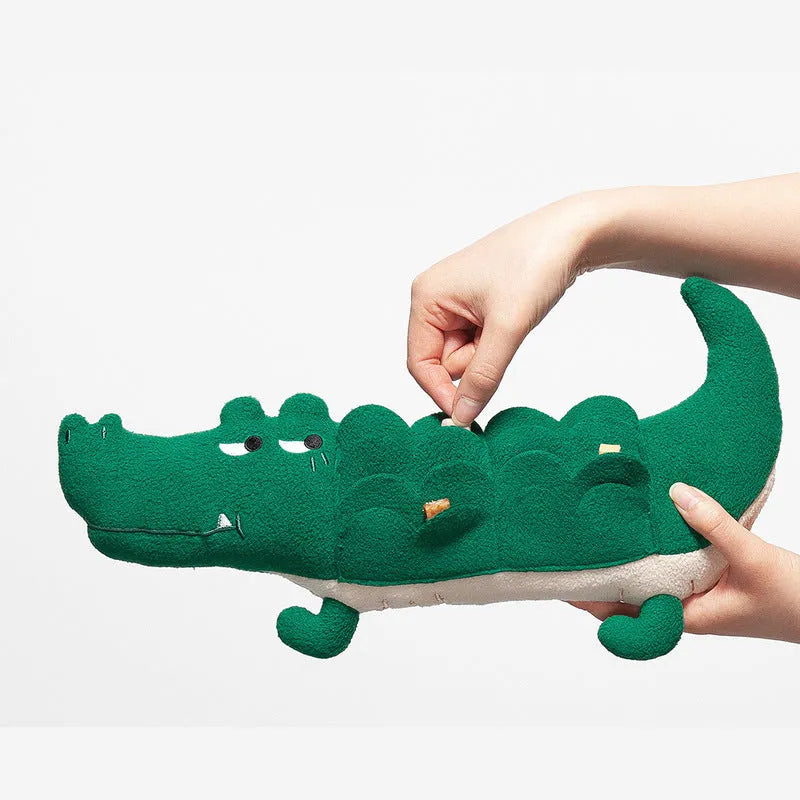 Green soft plush toy dog stuffed animal measuring 35cm long on a white background.