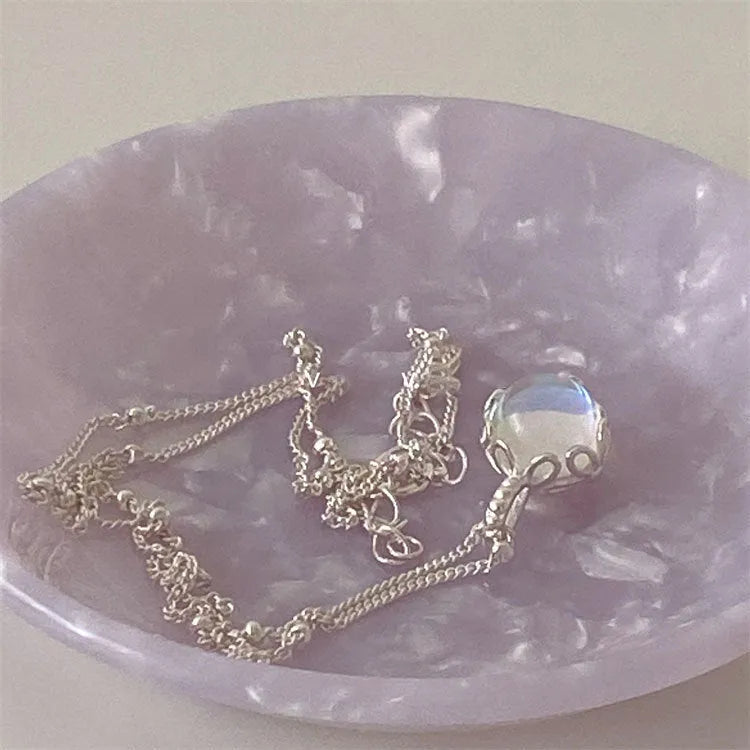 Women's 925 silver necklace with round stone pendant on curb chain, adjustable 41-50cm.