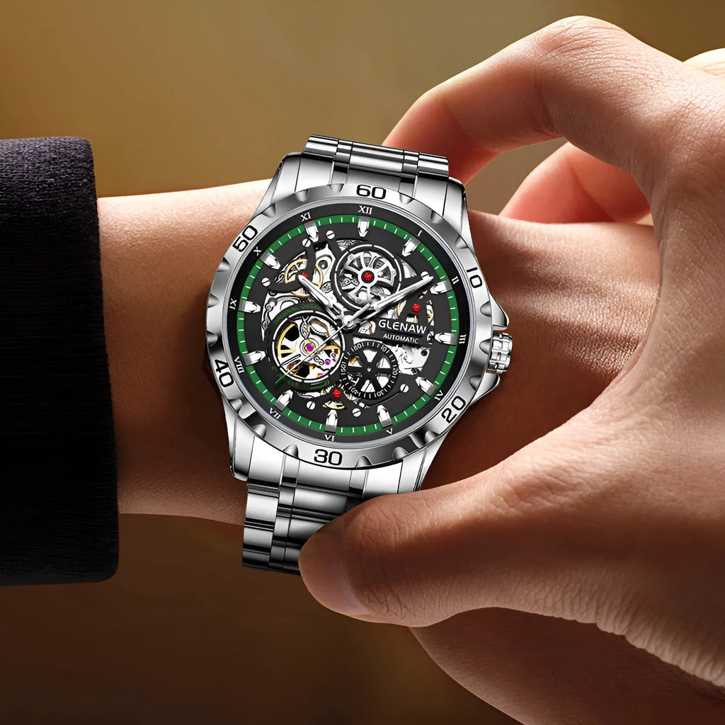 Men's double-sided skeleton automatic watch with luminous hands and stainless steel strap