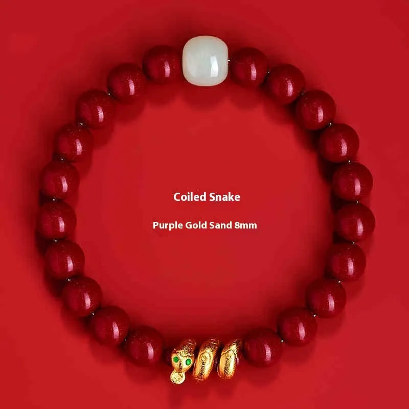 Handmade cinnabar snake zodiac bracelet with roll snake beads in Chinese style