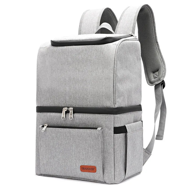 Blue insulated waterproof picnic backpack with 22L capacity and ice pack compartments