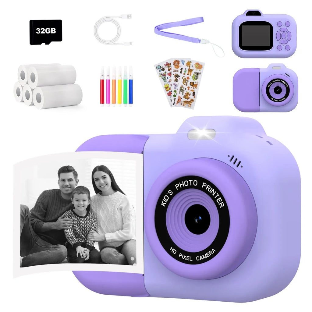 Children's plastic camera toy in blue, pink, or purple with screen, buttons, and included charging cable.