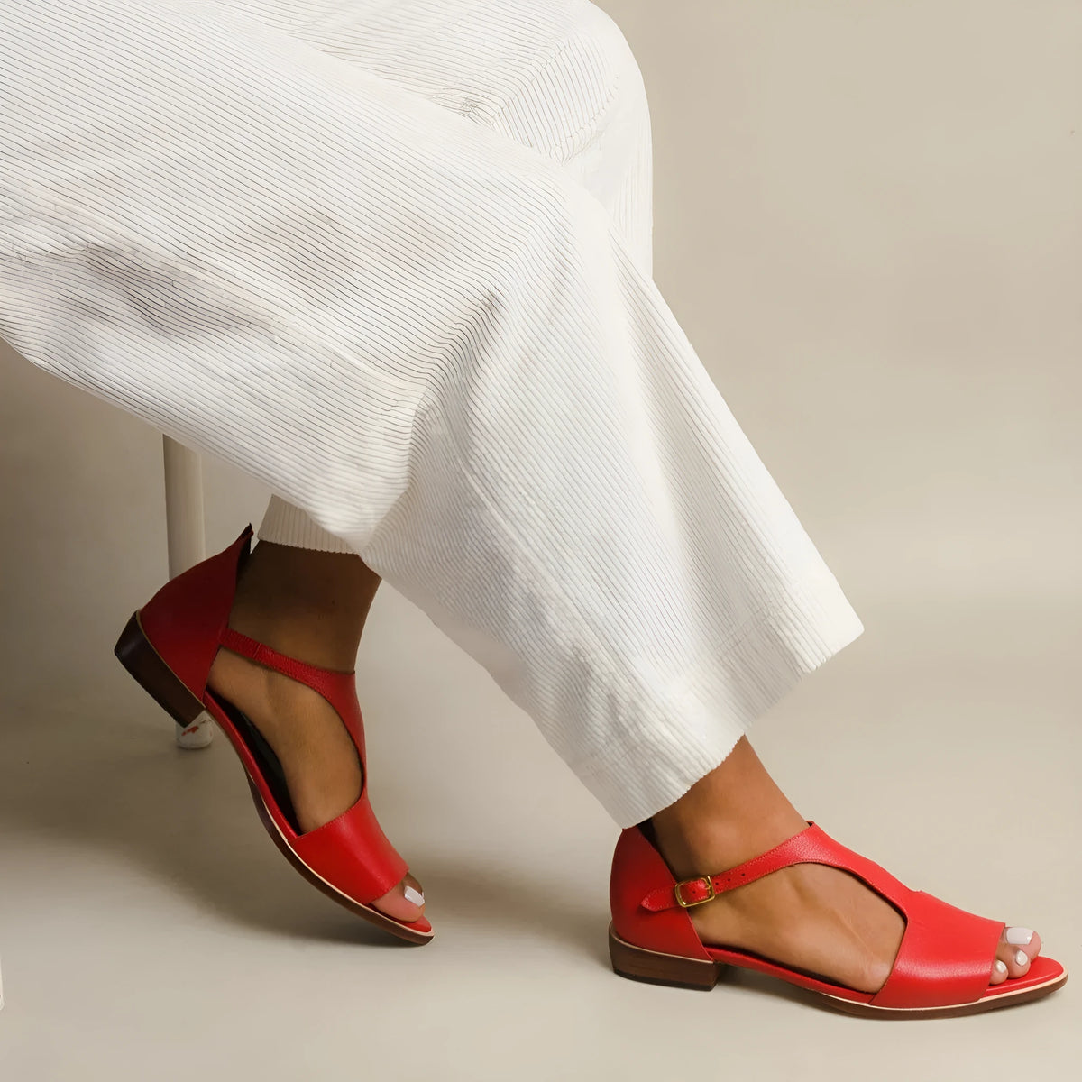 Red women's plus size sandals with square buckle and herringbone toe pattern