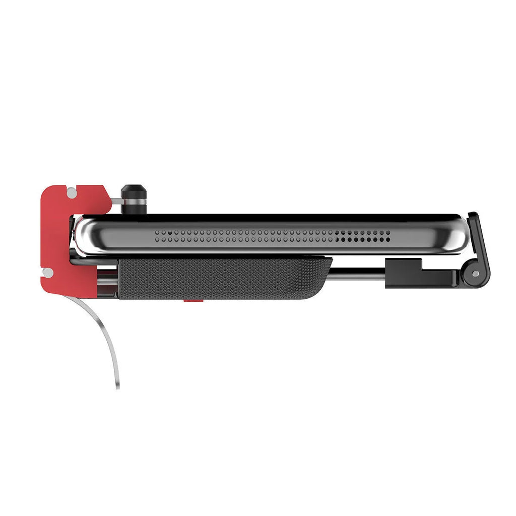 Black PG-9137 mobile phone gaming trigger bracket with adjustable metal trigger and telescopic clamping arm.