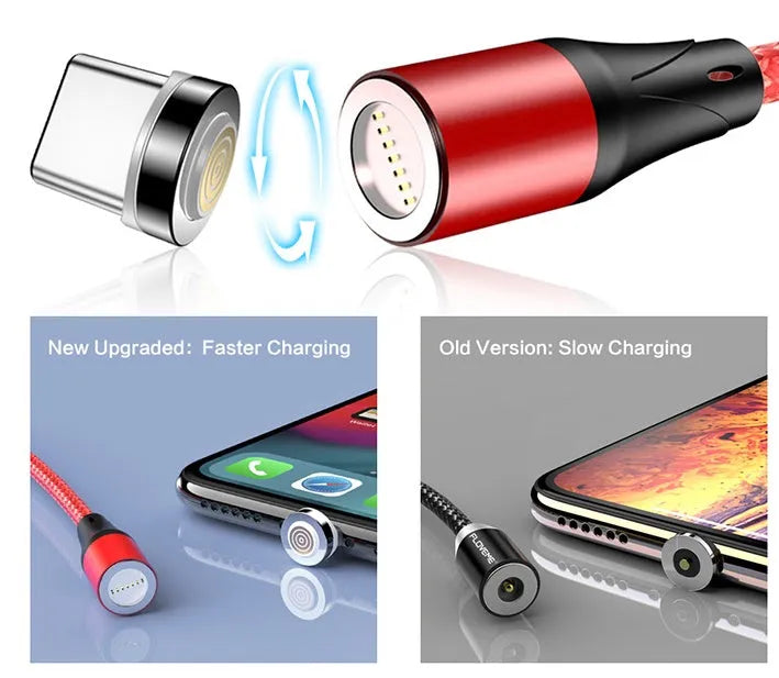 3A fast charge magnetic data cable with LED light indicator in black, red, and silver colour options