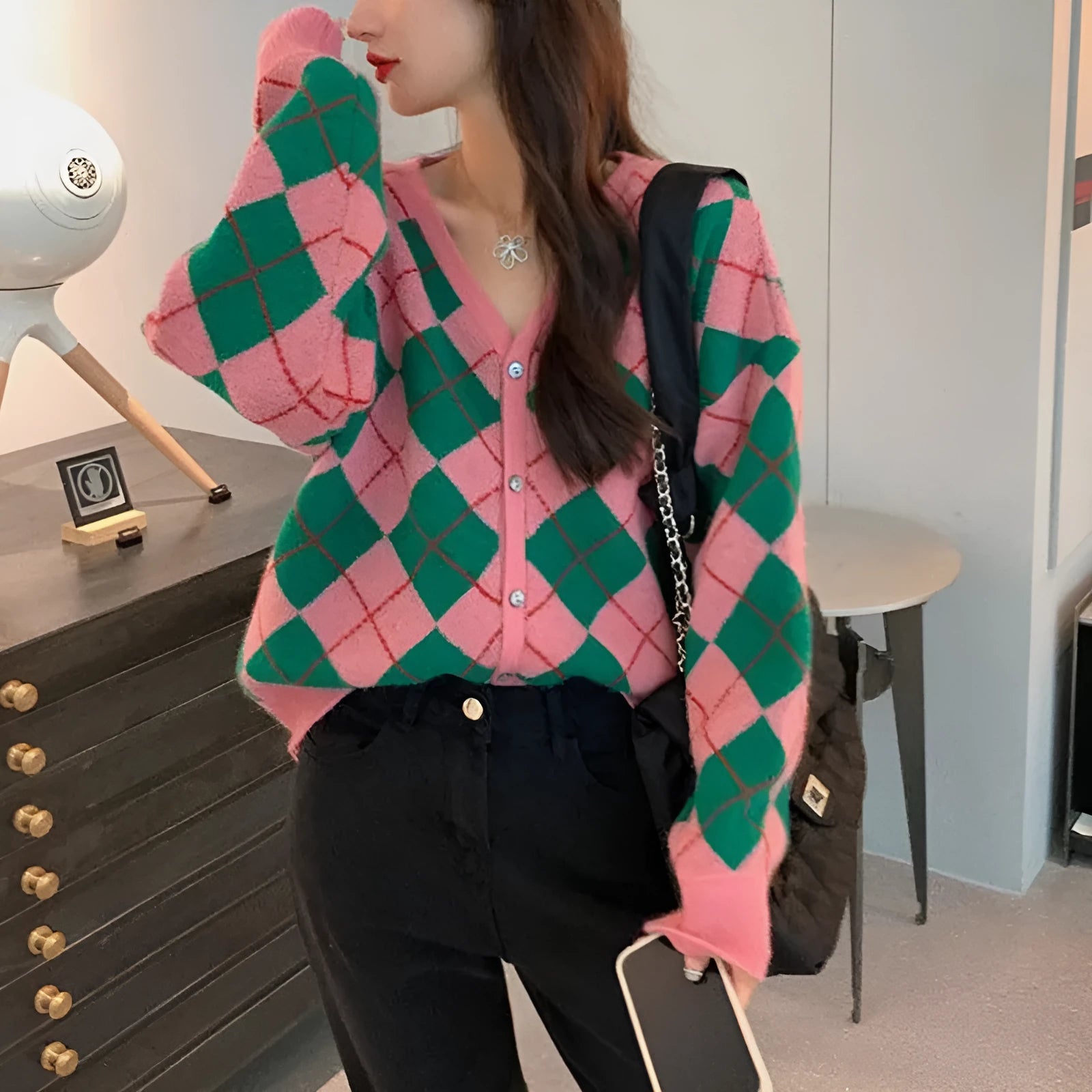 Knitted casual cardigan in macaron colours including pink, green, black for Japanese Korean style wear