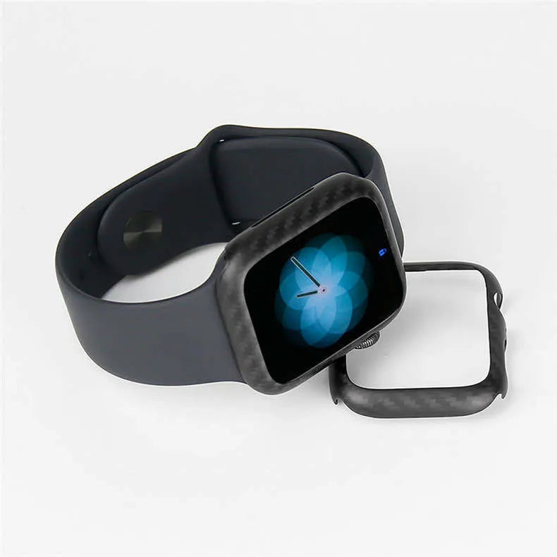 Apple Watch Series 4 carbon fibre half wrap leather case in bright black and matt black