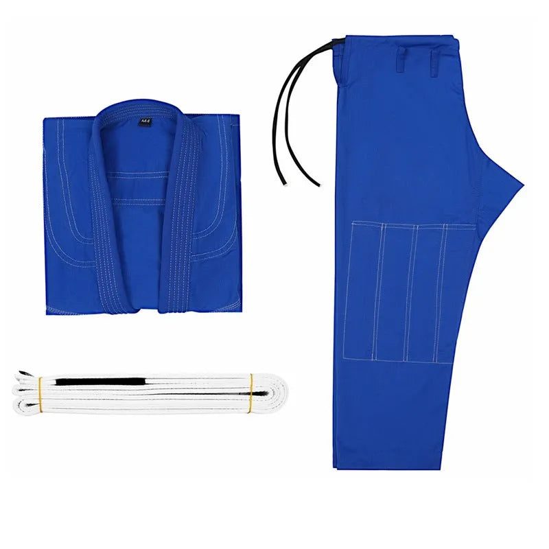 Brazilian jiu jitsu gi set showing cotton blend top and trousers in one of five available colours.