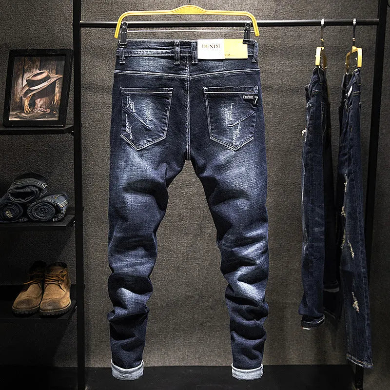Men's slim-fitting skinny jeans in dark blue cotton denim with micro elasticity