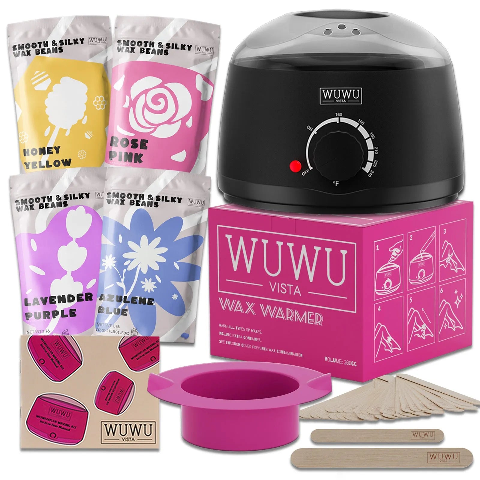 27-piece hair removal waxing kit showing coloured wax beads, wax sticks and electric warmer machine