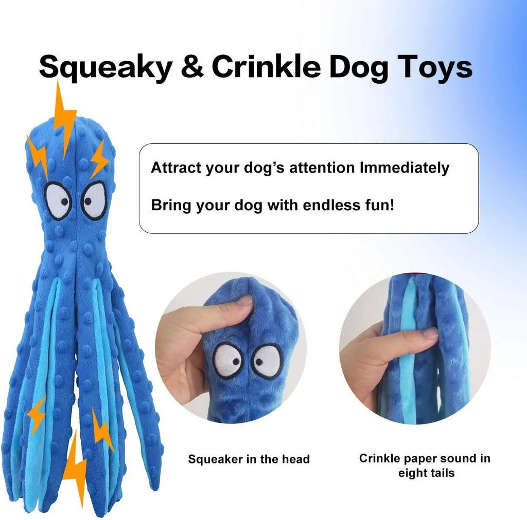 Blue octopus plush dog squeaky toy with no stuffing on a white background.