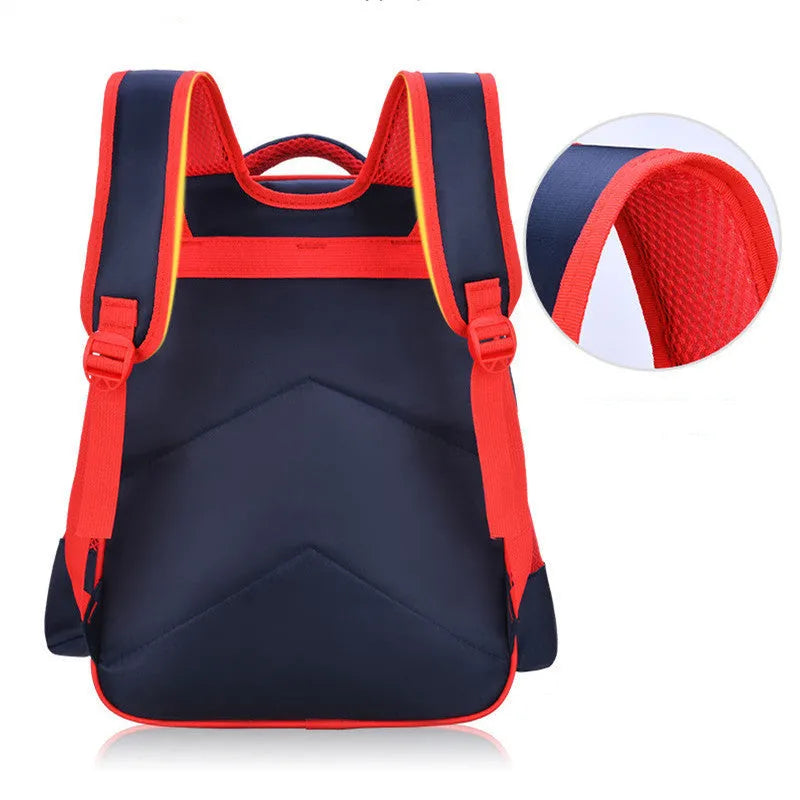 Blue cartoon anime print nylon school backpack with pencil case, shown with open compartment