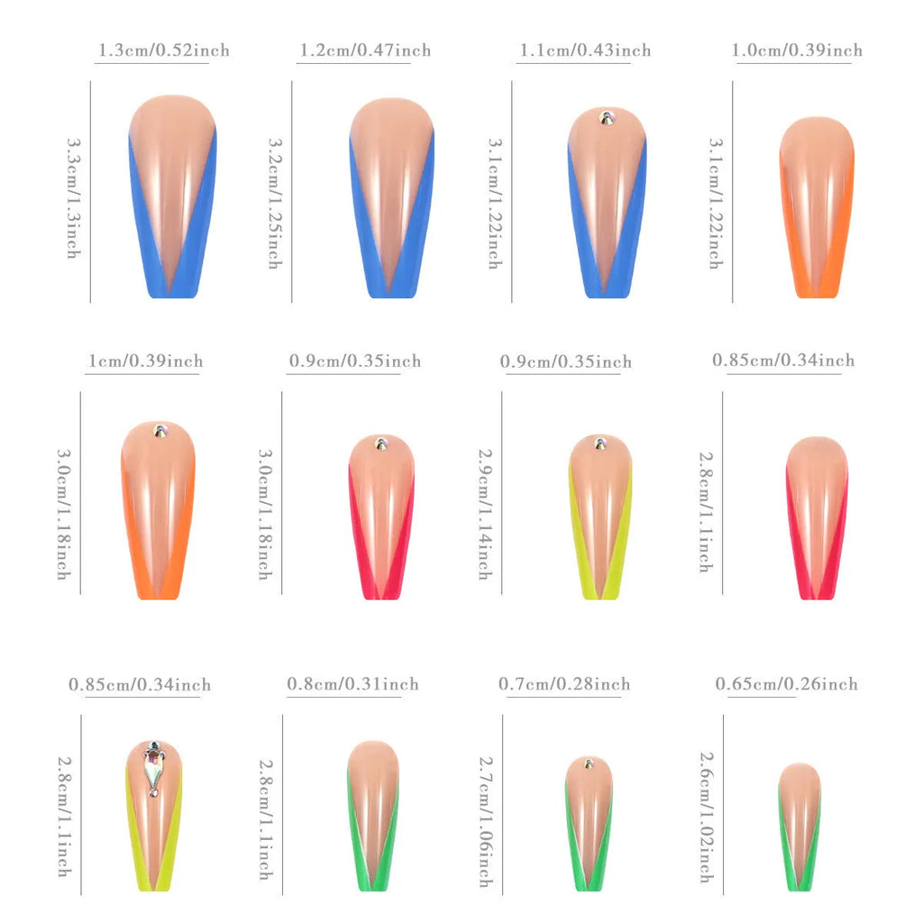 Detachable false nail tips with diamond colour French style and red cartoon heart patterns.