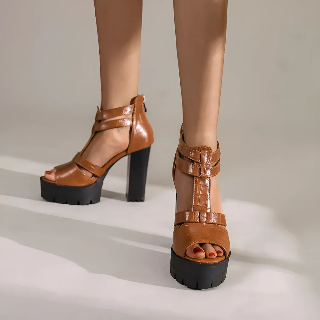 Casual platform high heel sandals with a back zipper, shown in black, wine red, and yellow colours.