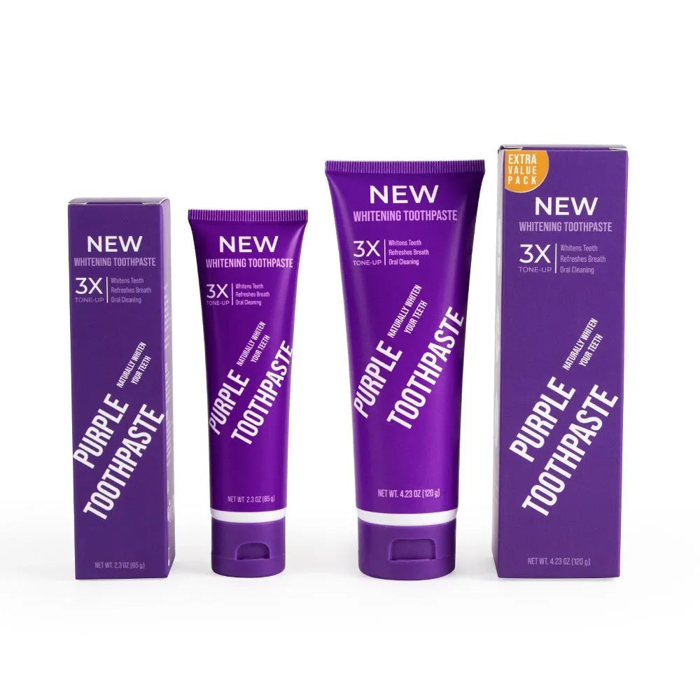 Purple whitening toothpaste tube in 120g and 65g sizes for stain removal and cavity protection