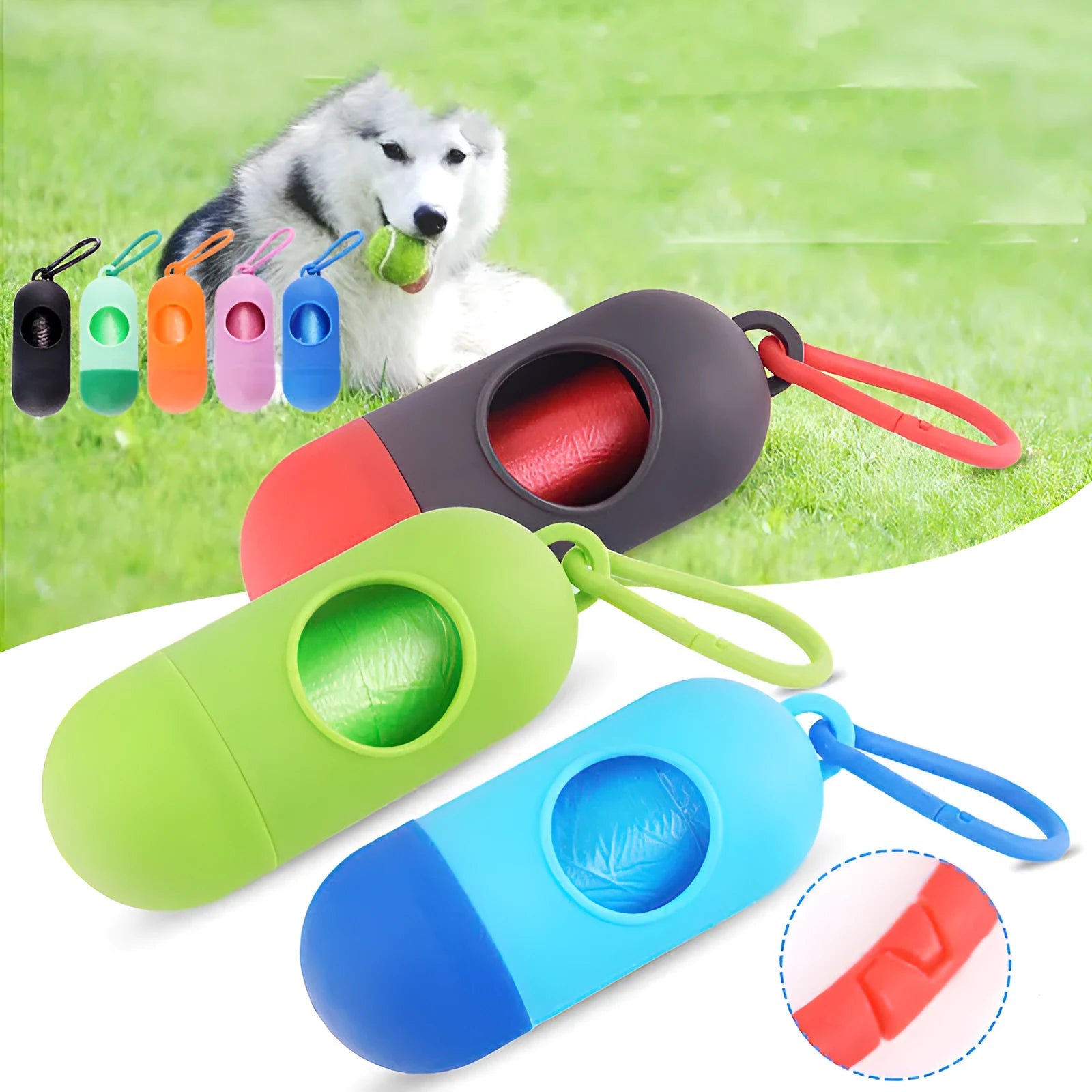 Compact plastic dog poo bag holder with Velcro strap and metal side hook