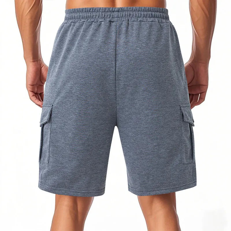 Casual cargo shorts with multiple pockets in light grey towel fabric with micro elasticity