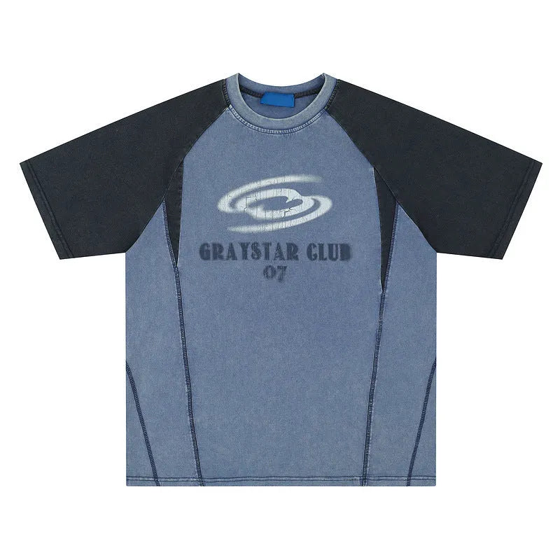 Men's blue hip hop letter print t-shirt with raglan sleeves showing loose fit design