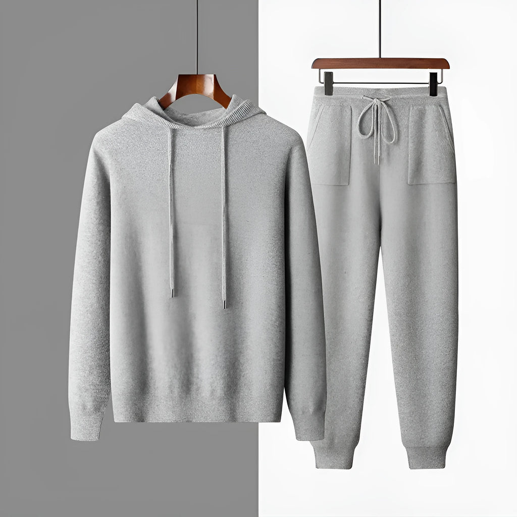 Men's light grey cashmere hooded knit sweatshirt and matching trousers casual winter set.