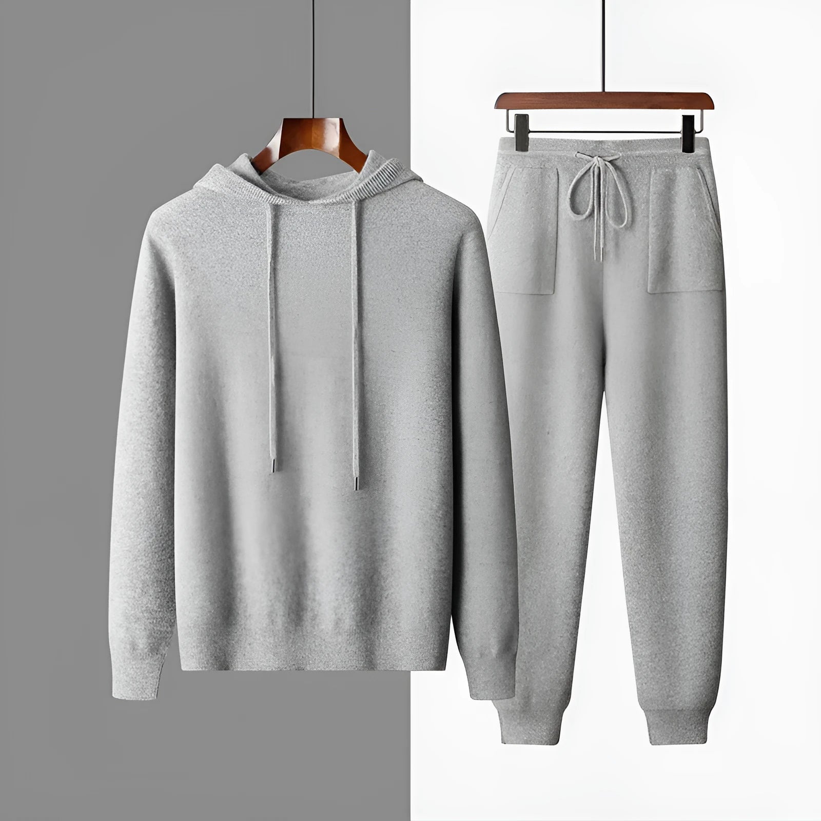 Men's light grey cashmere hooded knit sweatshirt and matching trousers casual winter set.