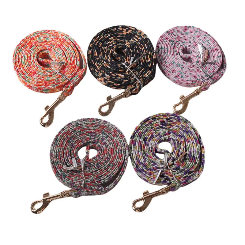 Floral pattern cloth pet harness with leash in orange colour showing single chest back design