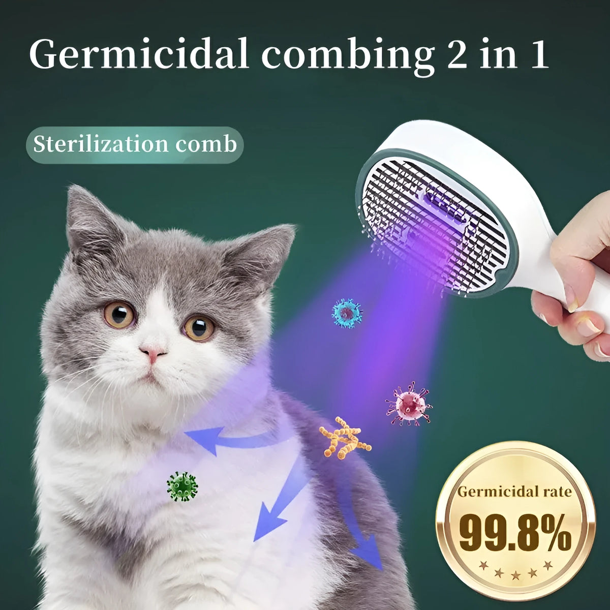 UVC sterilising pet grooming comb for cats and dogs, 25.8 x 9.8 x 5.5 cm, 215g, in dark green, grey or light green