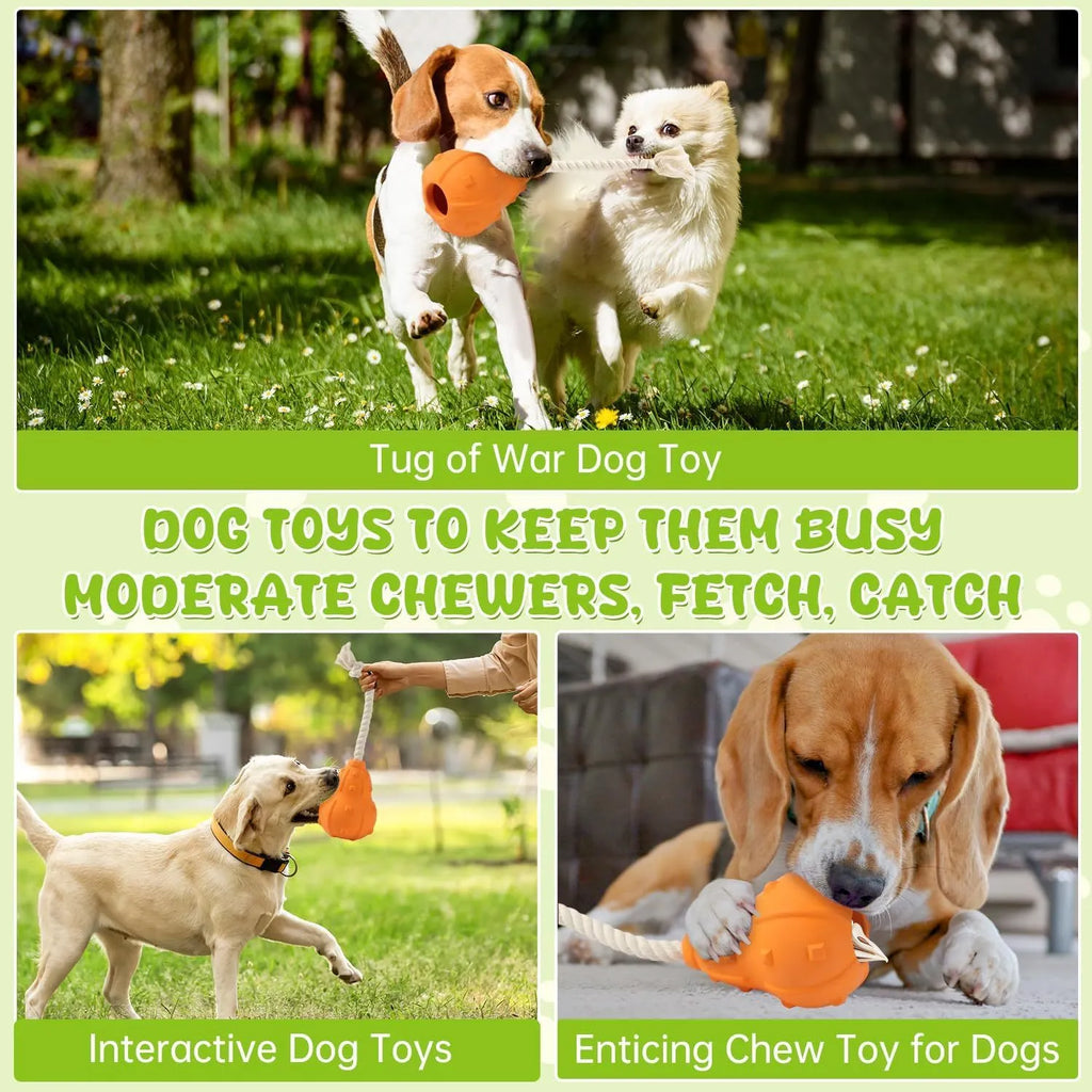 Natural rubber stuffable dog toy with treat hole and strap for small medium breed dogs.