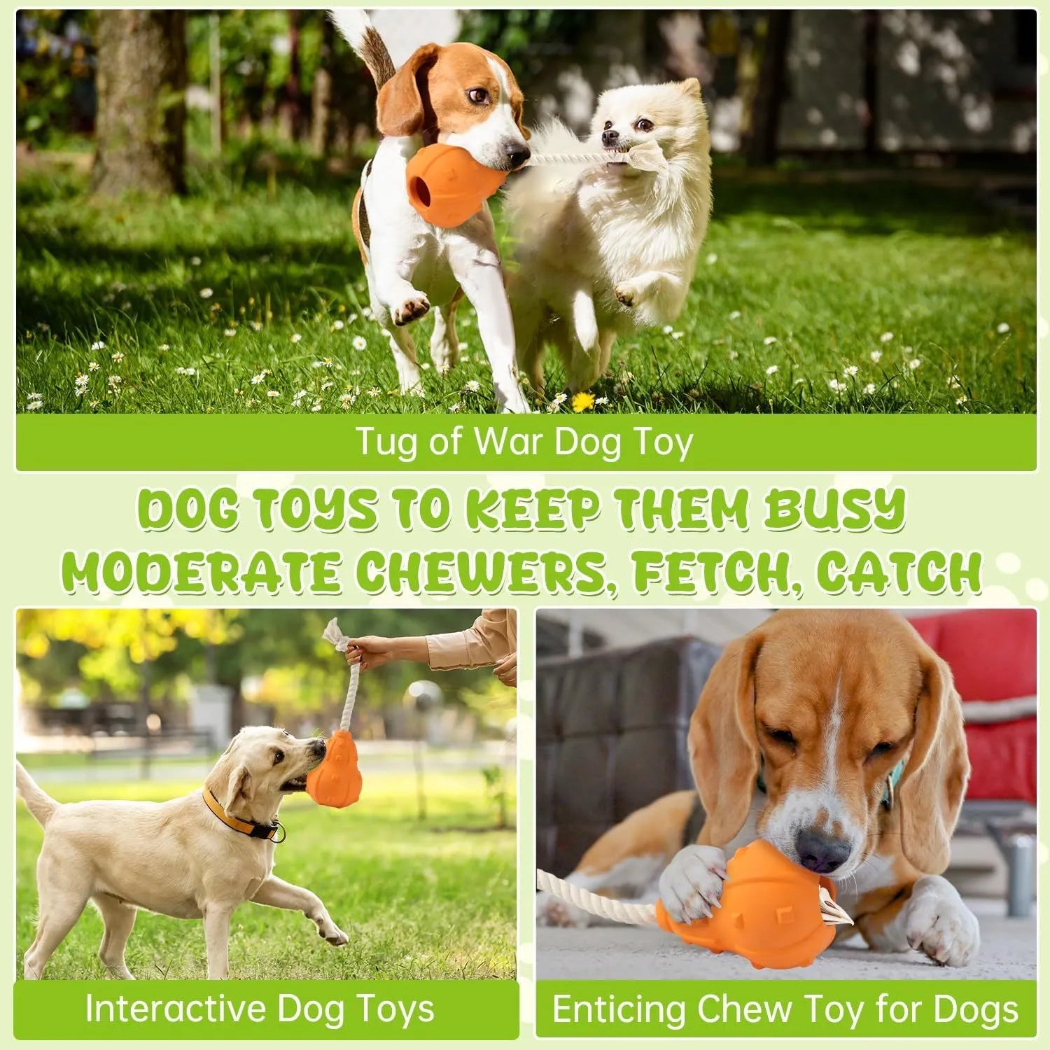 Natural rubber stuffable dog toy with treat hole and strap for small medium breed dogs.