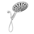 Six-inch diameter handheld shower head with an electroplated chrome finish, showing multiple spray face settings.