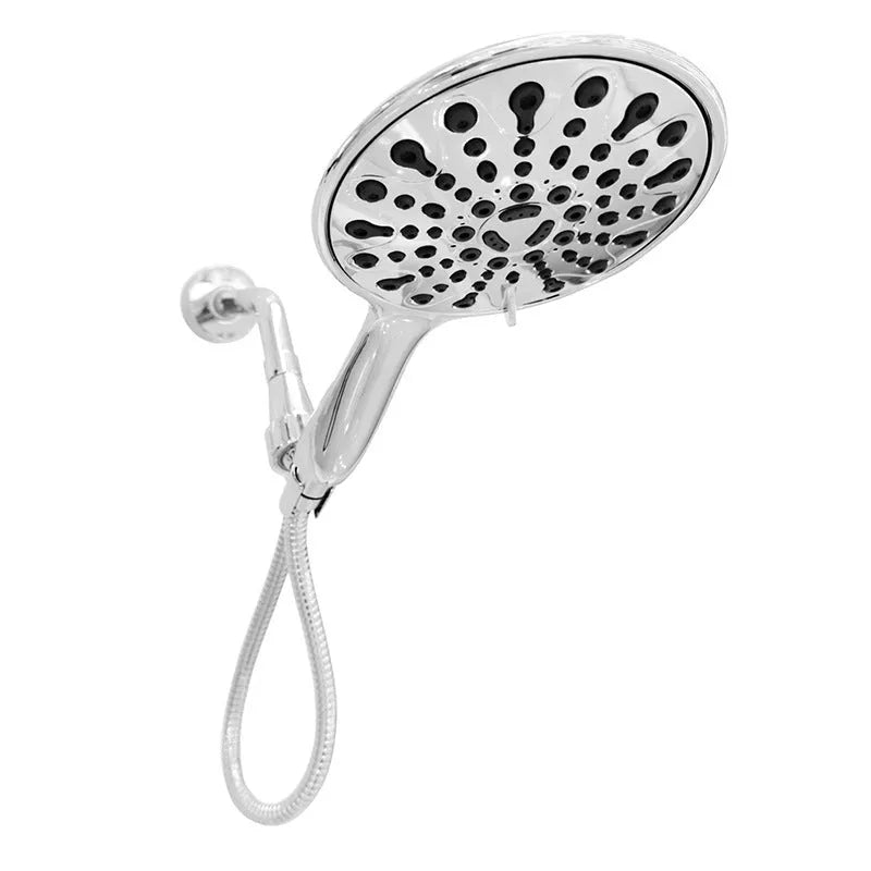Six-inch diameter handheld shower head with an electroplated chrome finish, showing multiple spray face settings.