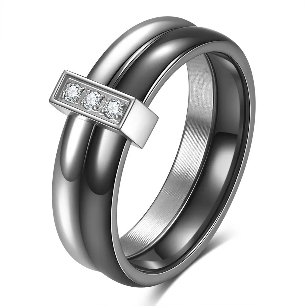 Ceramic ring with glossy stitching and inlaid zirconium in steel black or gold white colour, 6mm geometric shape