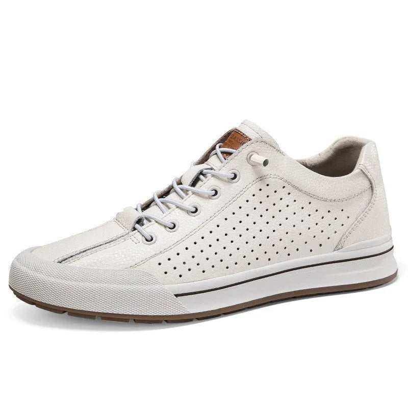 Men's white matte leather flat heel trainers with a round toe, shown in hollow-out, four seasons and velvet-lined options.