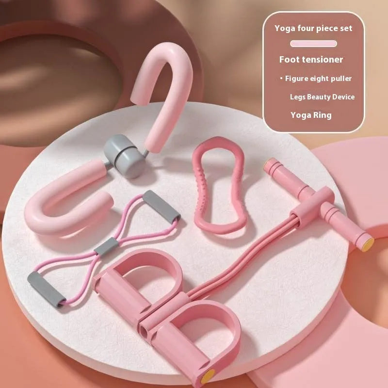 Yoga four piece set showing leg stretching device, foot pedaler, yoga ring, and figure eight tension rope.