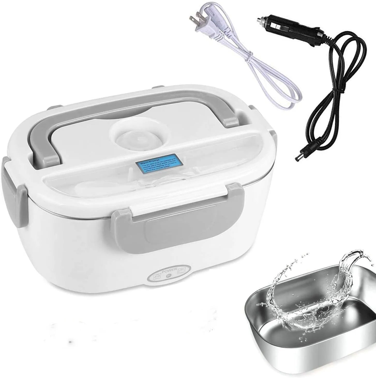 Grey dual-purpose electric lunch box with plug showing compact 170x108x238mm dimensions