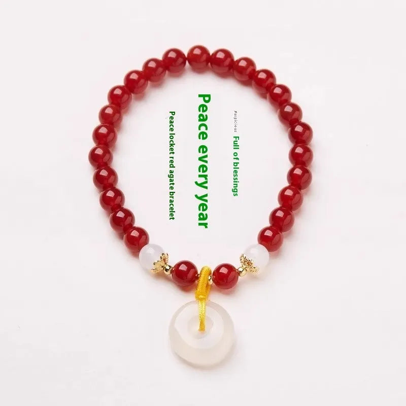 Natural Jinsi Jade safety buckle bracelet with red agate and emerald beads