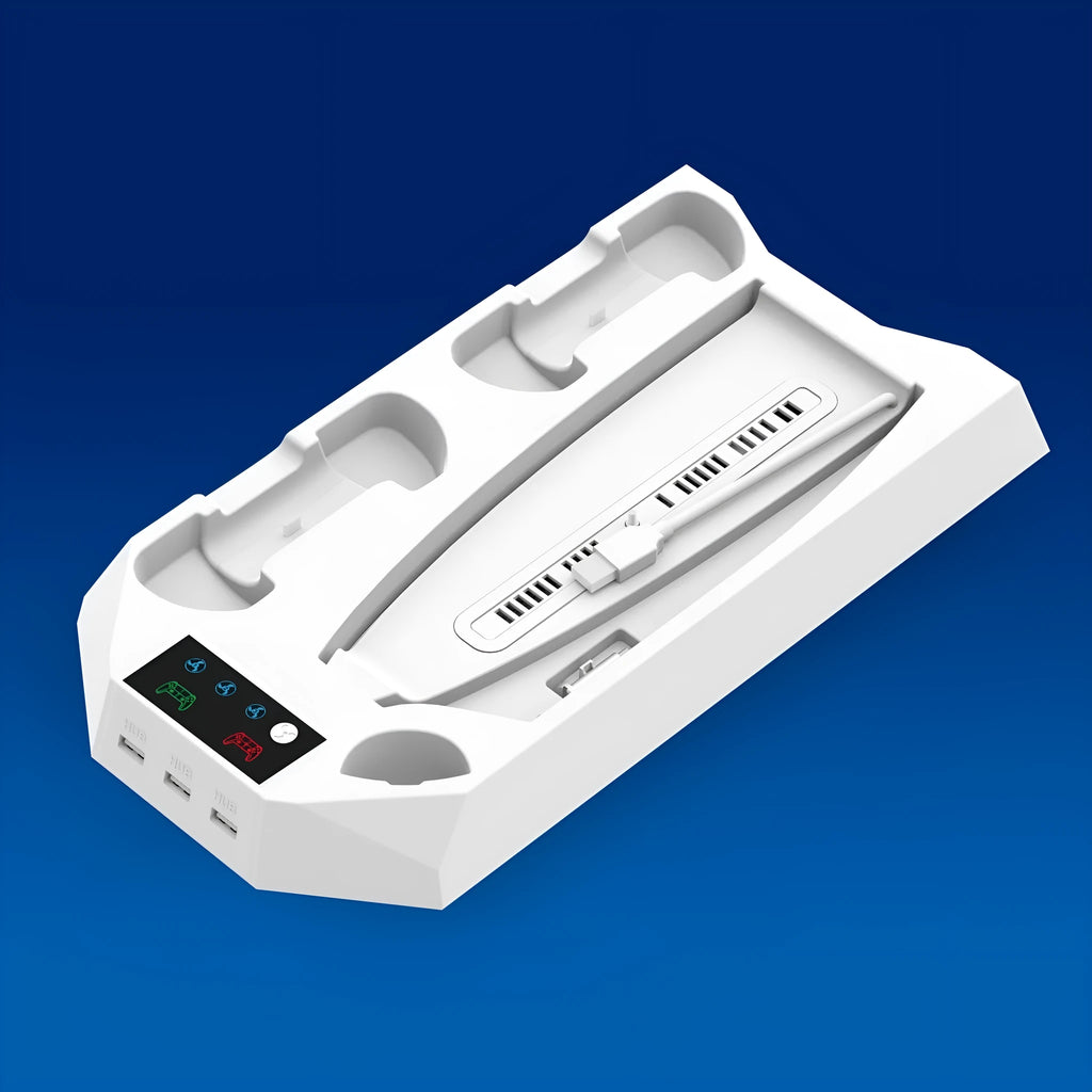 White PS5 charging station holding a console, two controllers, and a headset.