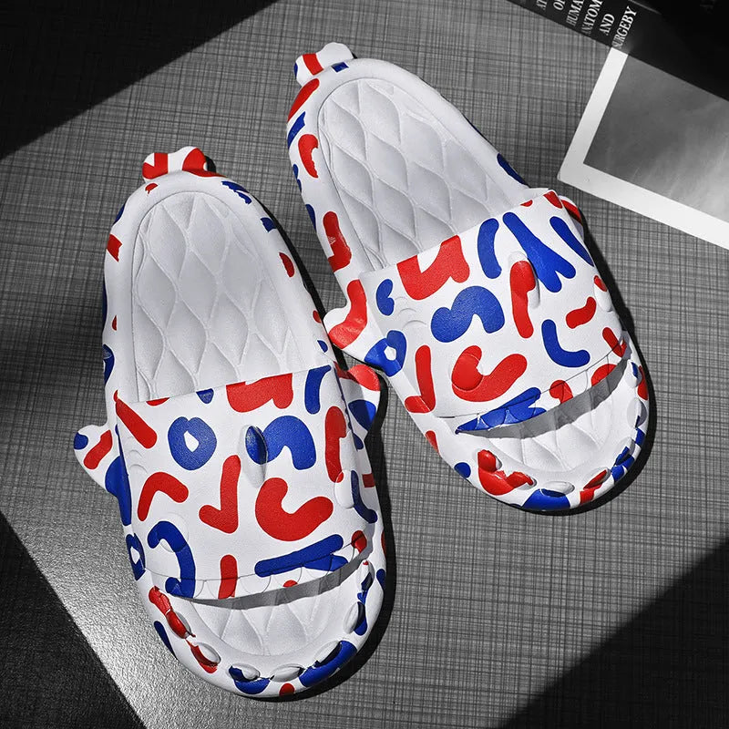 Shark design open-toe EVA slippers for home use in multiple colours and sizes.